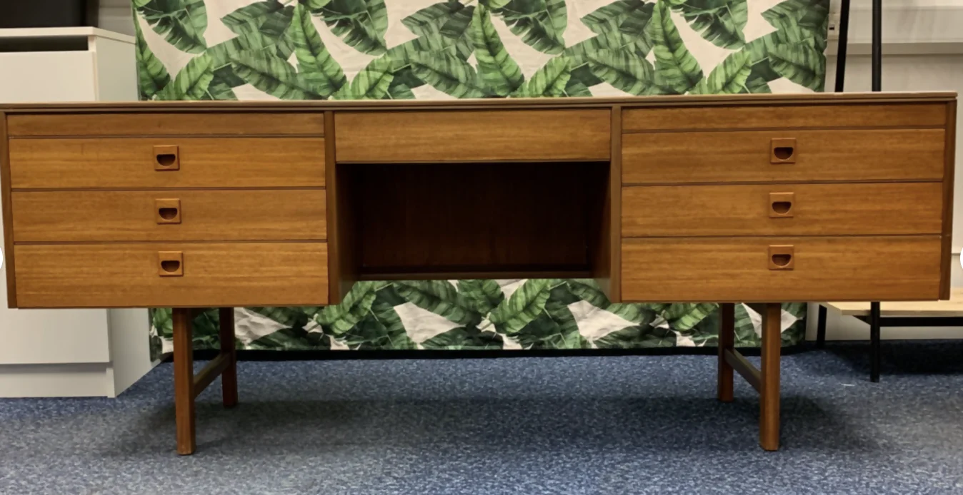 Alfred Cox antique mid-century double-sided walnut desk with 6 drawers