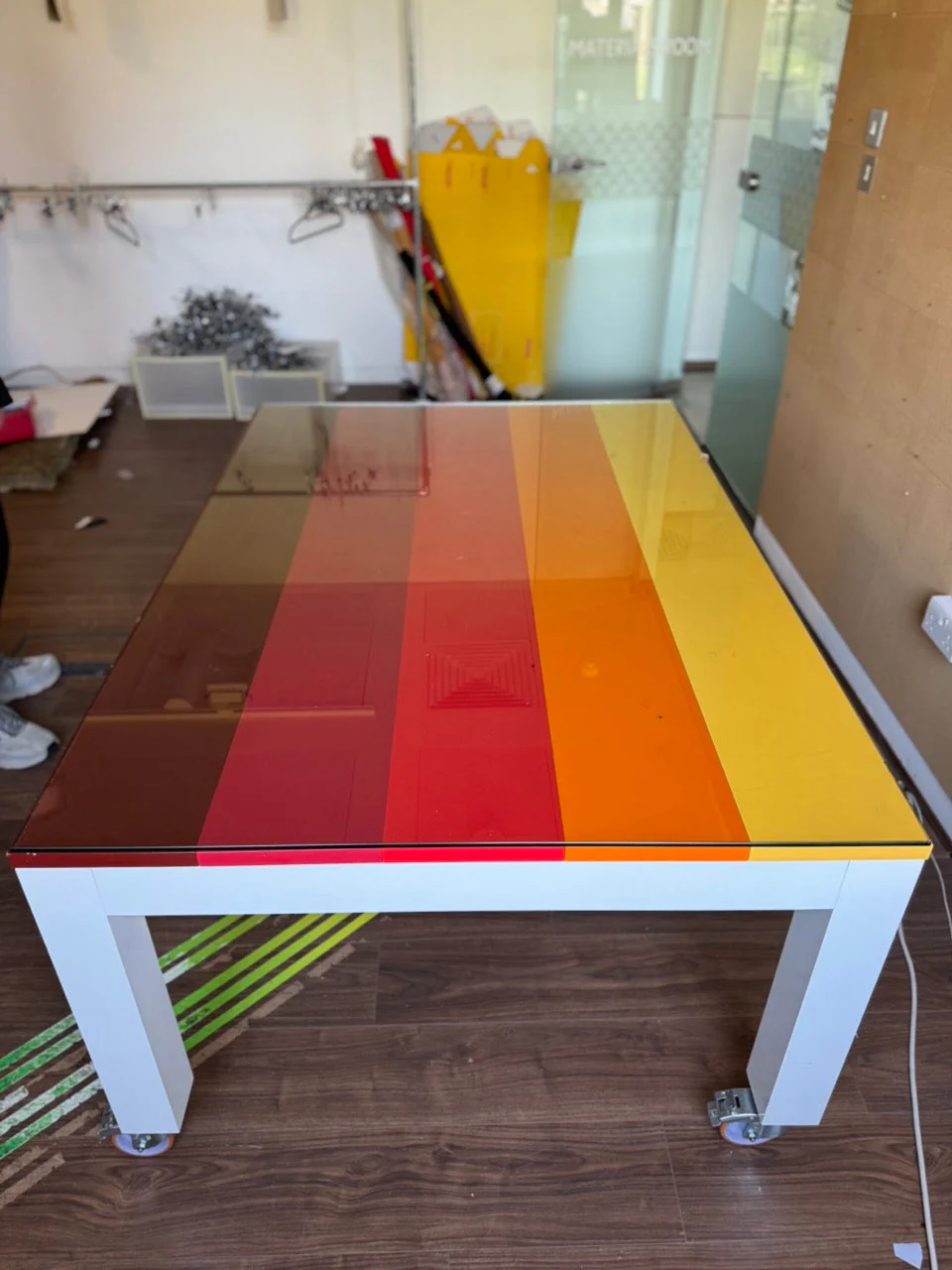 Bespoke striped colour block table with glass top - Image 2